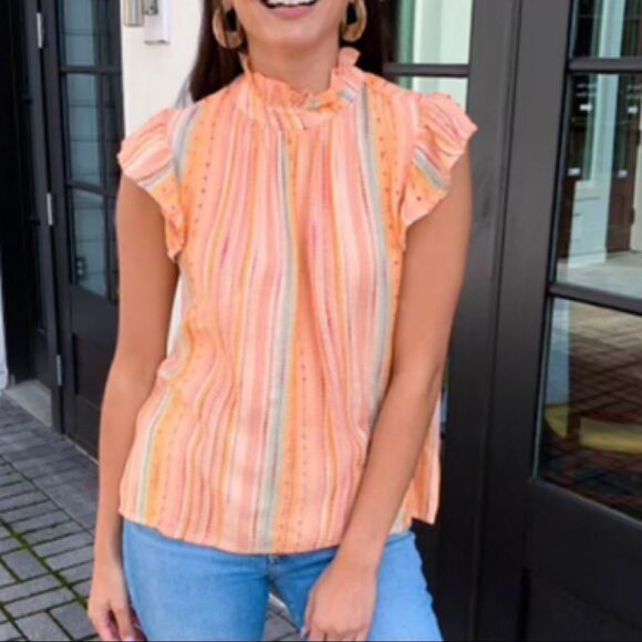 Thml-orange Creamsicle Embroidered Stripe Flutter Sleeve Top (Size:XS) - Picture 2 of 11